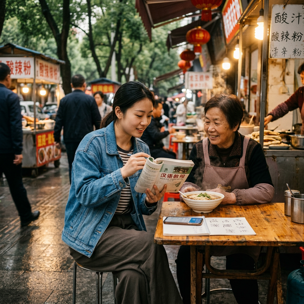 Young woman reading a Chinese language book to an elderly woman at an outdoor food stall