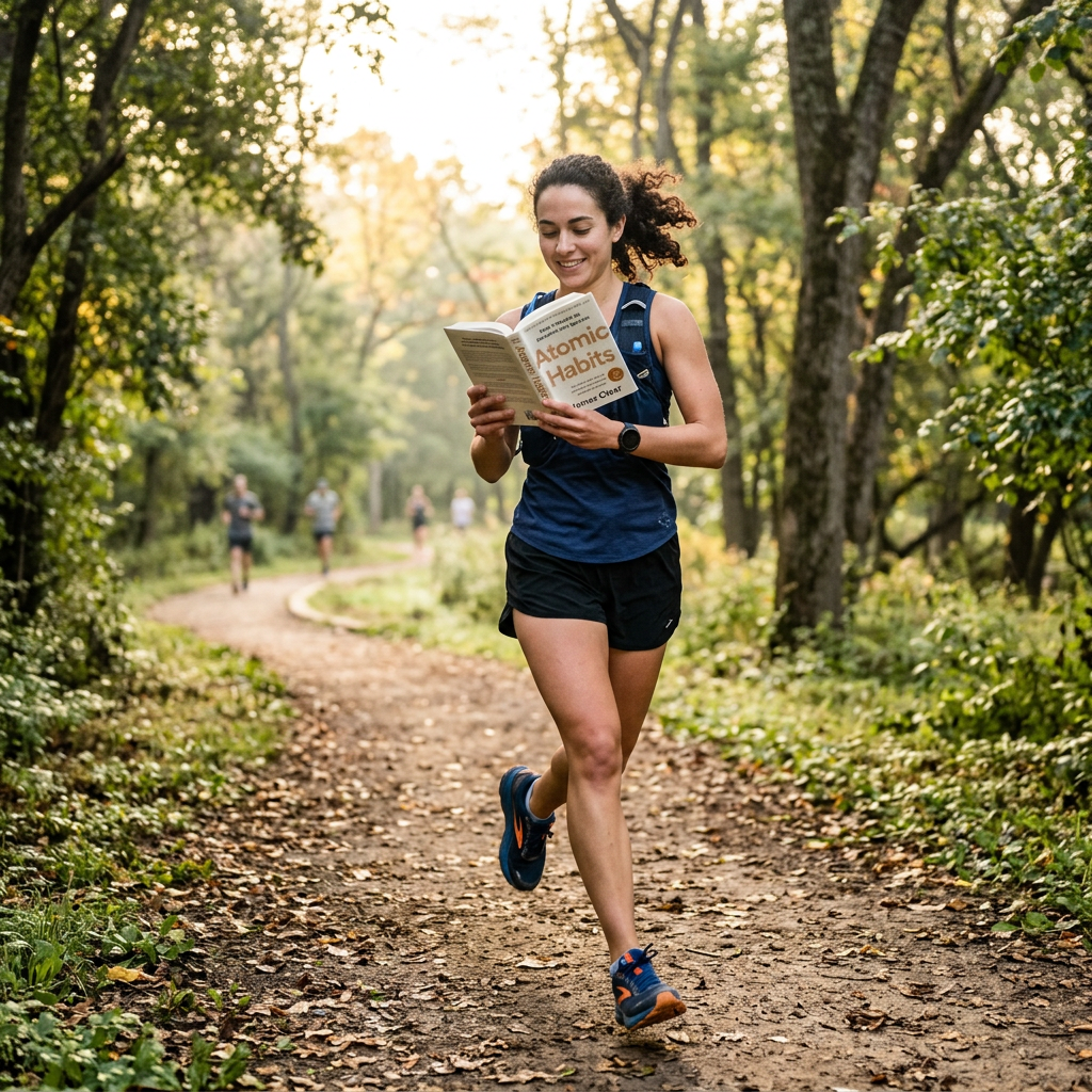 Woman jogging on a forest trail while reading 'Atomic Habits' book