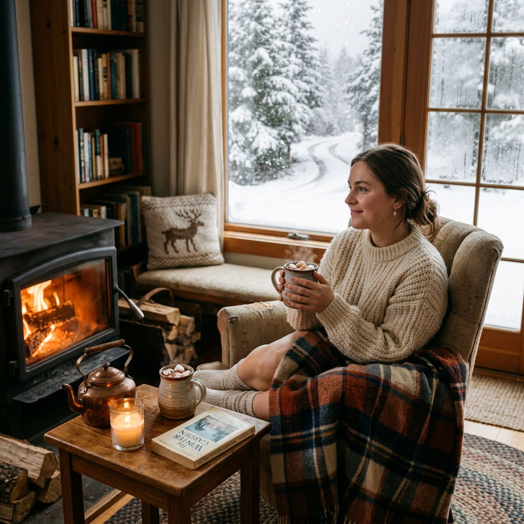 Woman sitting in armchair wrapped in plaid blanket holding a mug near wood stove in snowy cabin