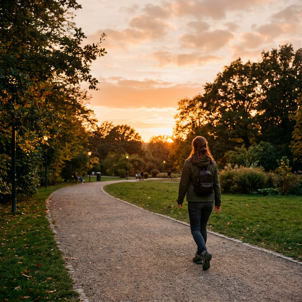 Person walking along curved gravel path in park with autumn trees and sunset sky