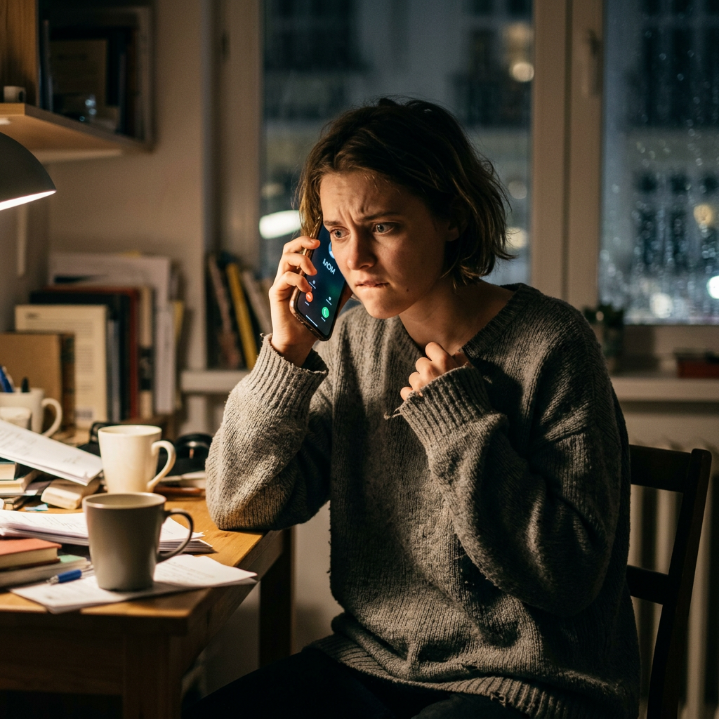 Worried woman holding phone to ear and biting lip at desk with papers and mugs