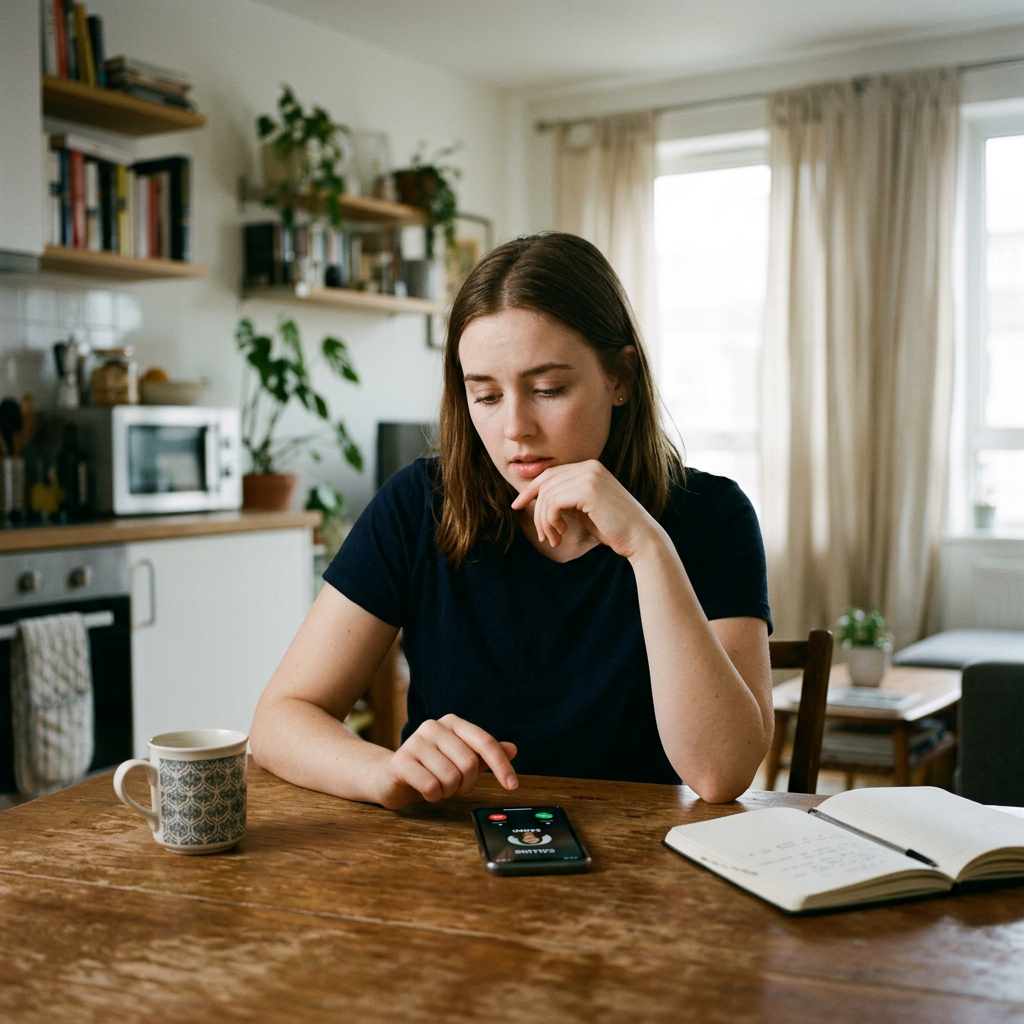 A woman sitting at a wooden table looking at a phone with an incoming call on the screen