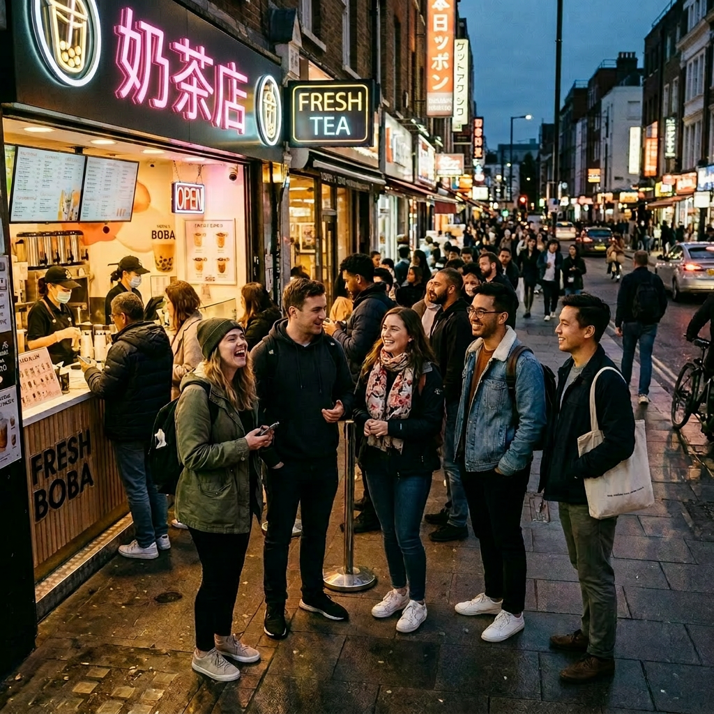 Group of people waiting in line outside a busy boba tea shop in the evening