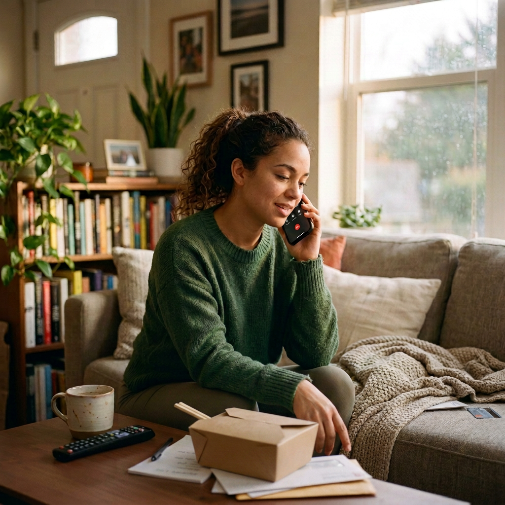Woman talking on phone while using smartphone on a couch indoors