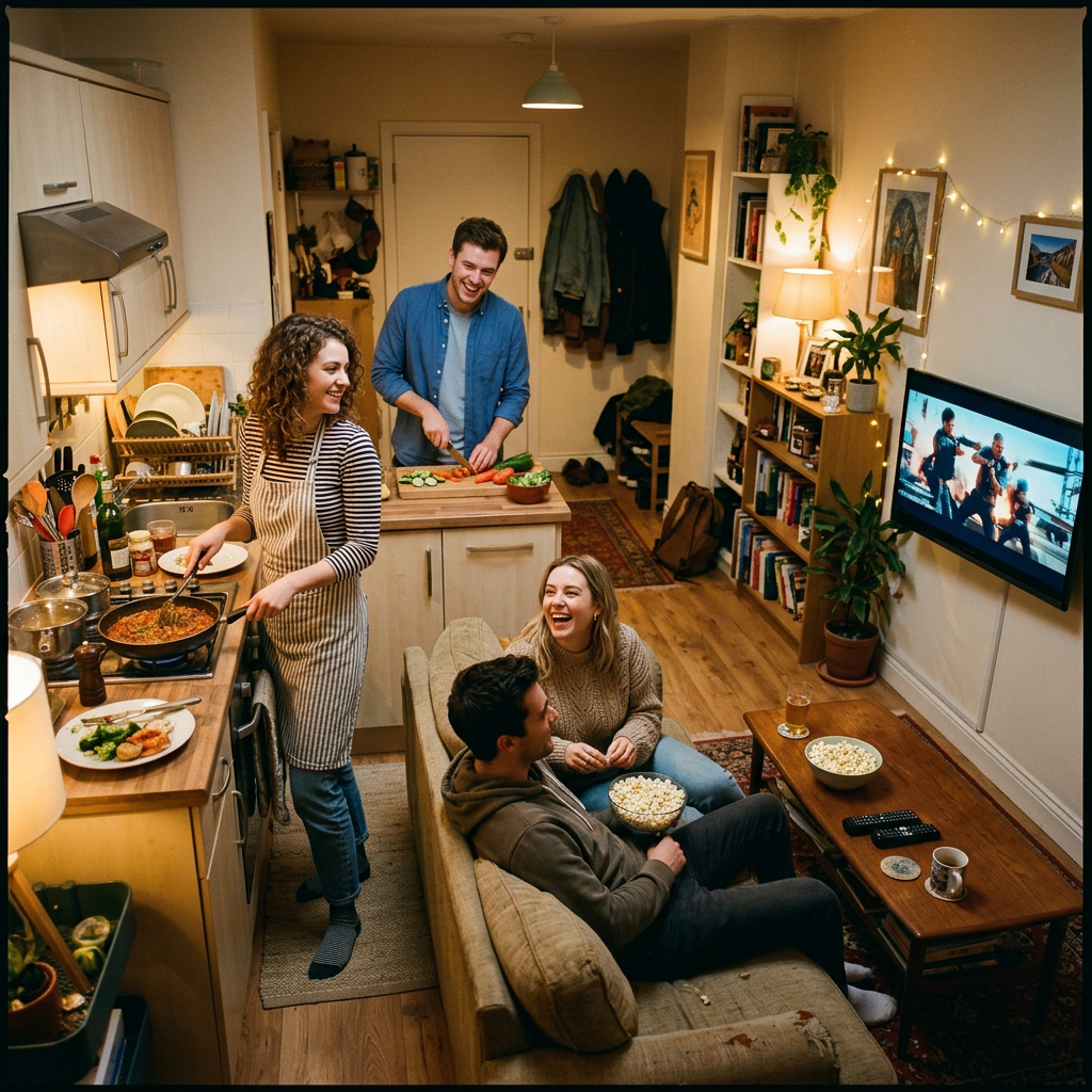 Four friends cooking and relaxing together in a warmly lit apartment