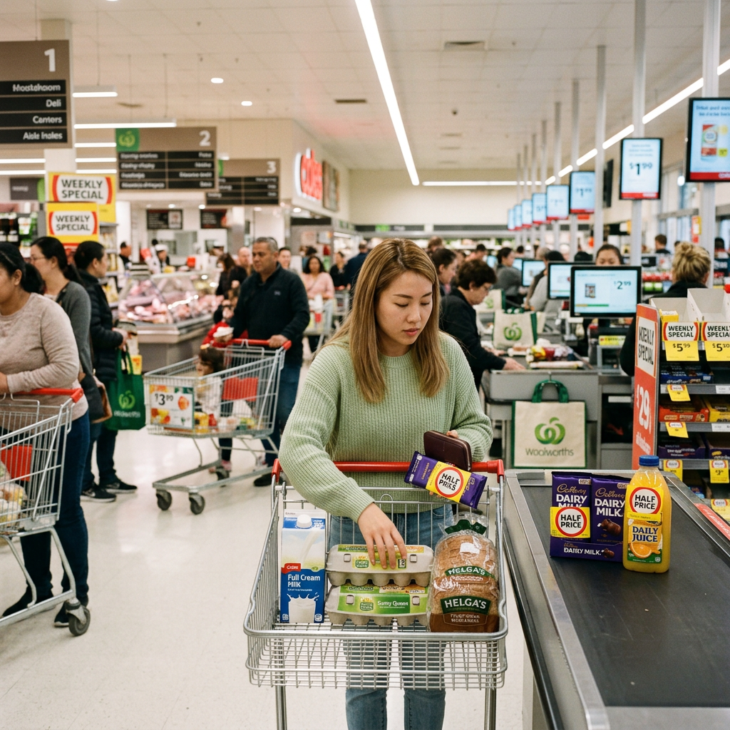 Shopper with grocery cart moving through a busy supermarket checkout