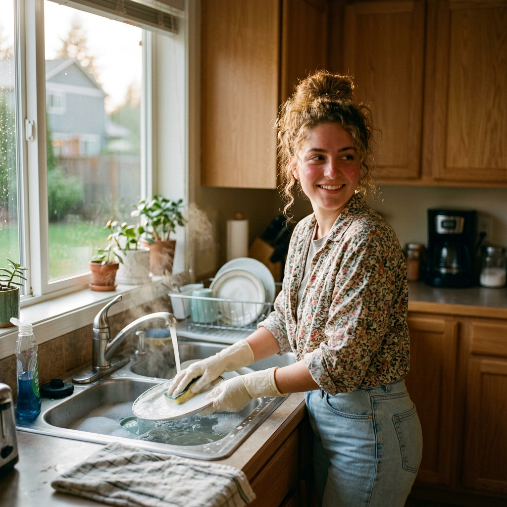 Smiling woman washing a plate in a sunlit kitchen