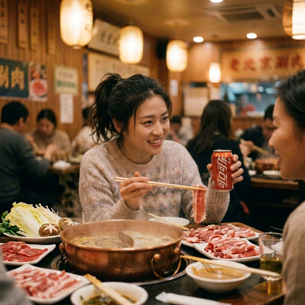 Friends dining around a hot pot with meat and vegetables
