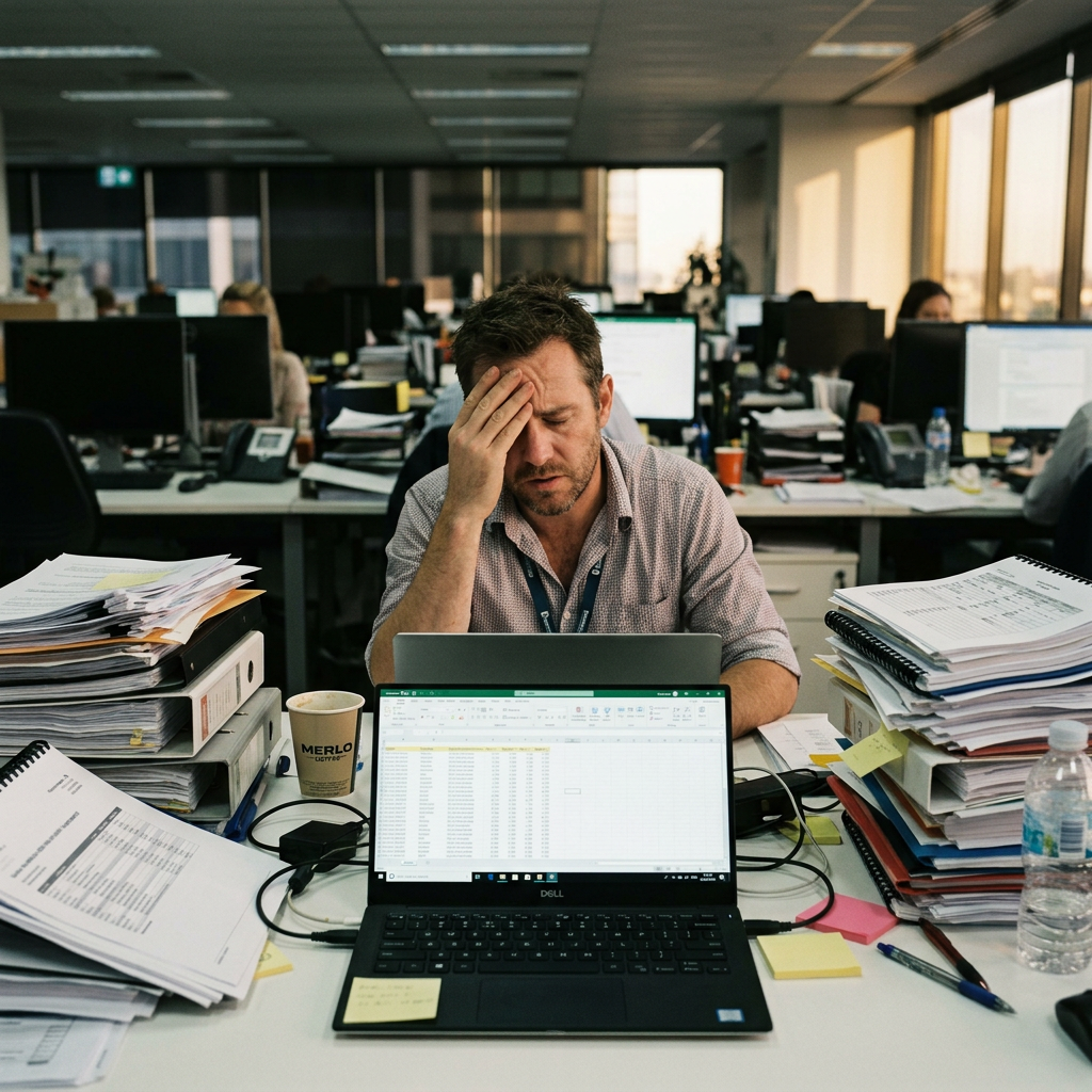 Office worker holding his forehead beside laptop and stacks of paperwork